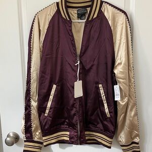 NWT PacSun Classic Reversible Bomber Jacket, Small, Burgundy and Champagne Gold